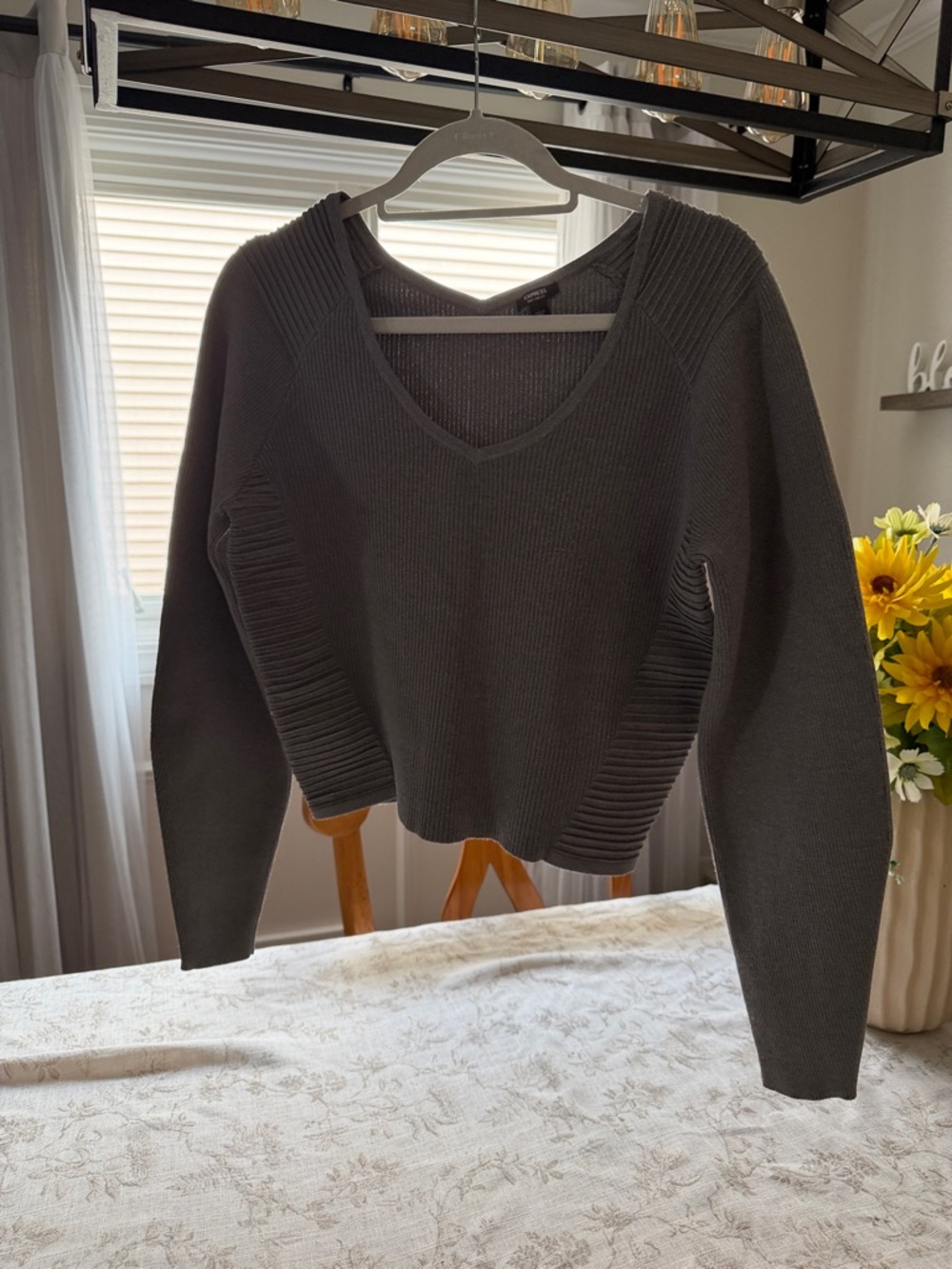 Express Charcoal Gray V-Neck Ribbed Sweater